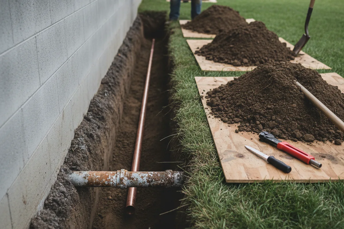 Excavated water line trench during Water Softener Installation in Alleyton
